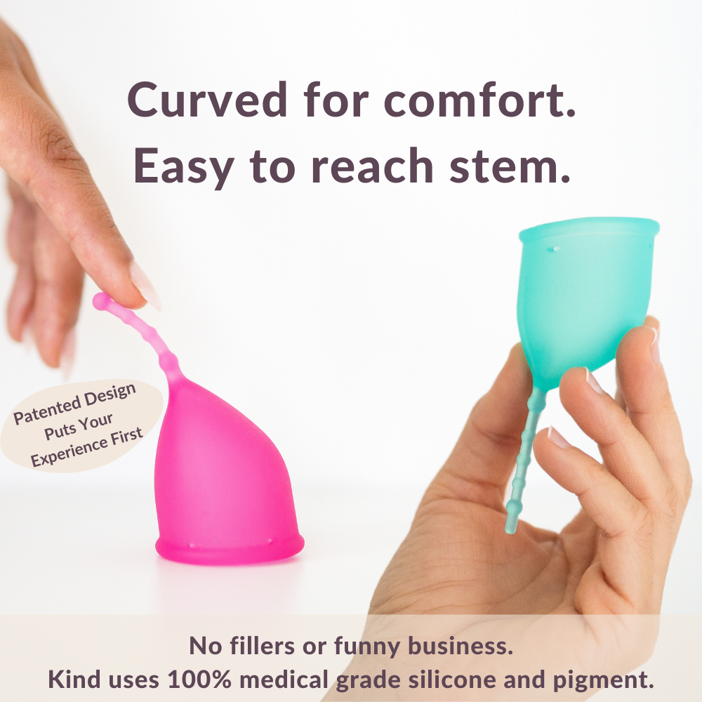 Curved for comfort. Easy to reach stem. Kind Cup is a patented menstrual cup design that puts your experience first. Kind Cup uses 100% medical grade silicone and pigment. Shop period cups. Shop menstrual cups. Ergonomic shape. Long tail. Long removal stem. Easy to remove.