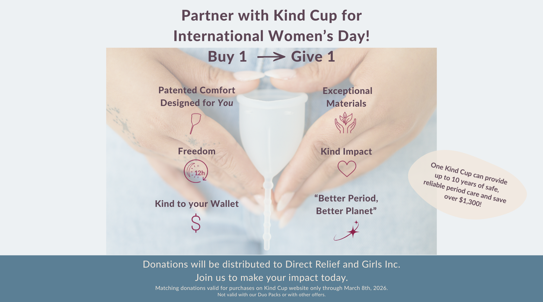 International Women's Day partnership with Direct Relief and Girls Inc non profits and Kind Cup menstrual cup.