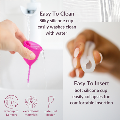 Easy to clean. Just wash or boil silky silicone period cup with water. Easy to insert. Soft silicone easily folds down to the size of a tampon for comfortable insertion. How to clean your Kind Cup period cup. Wear up to 12 hours. Exceptional materials. Patented design.