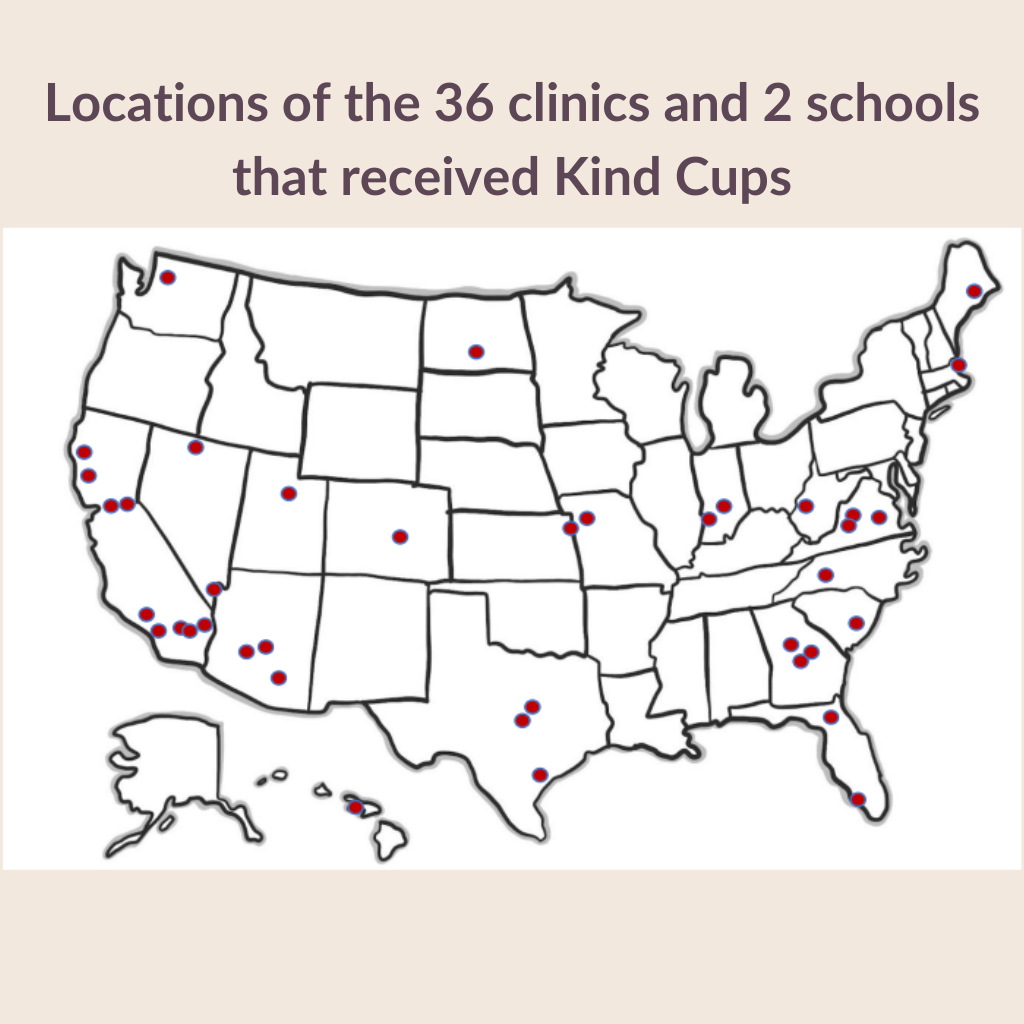 Locations of the 36 Direct Relief clinics and 2 schools that received Kind Cup donations