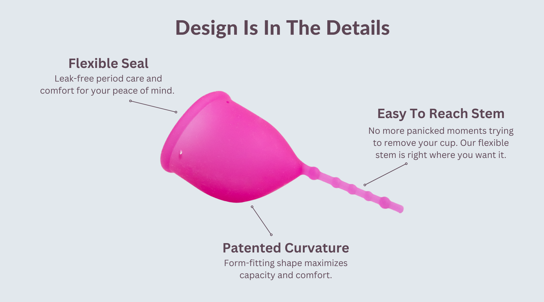 Design is in the details. Profile image of Kind Cup ergonomic shape. Flexible Seal. Leak-free period care and comfort for your peace of mind. Easy to reach stem. No more panicked moments trying to remove your cup. Our flexible stem is right where you want it. Patented Curvature. Form-fitting shape maximizes capacity and comfort.