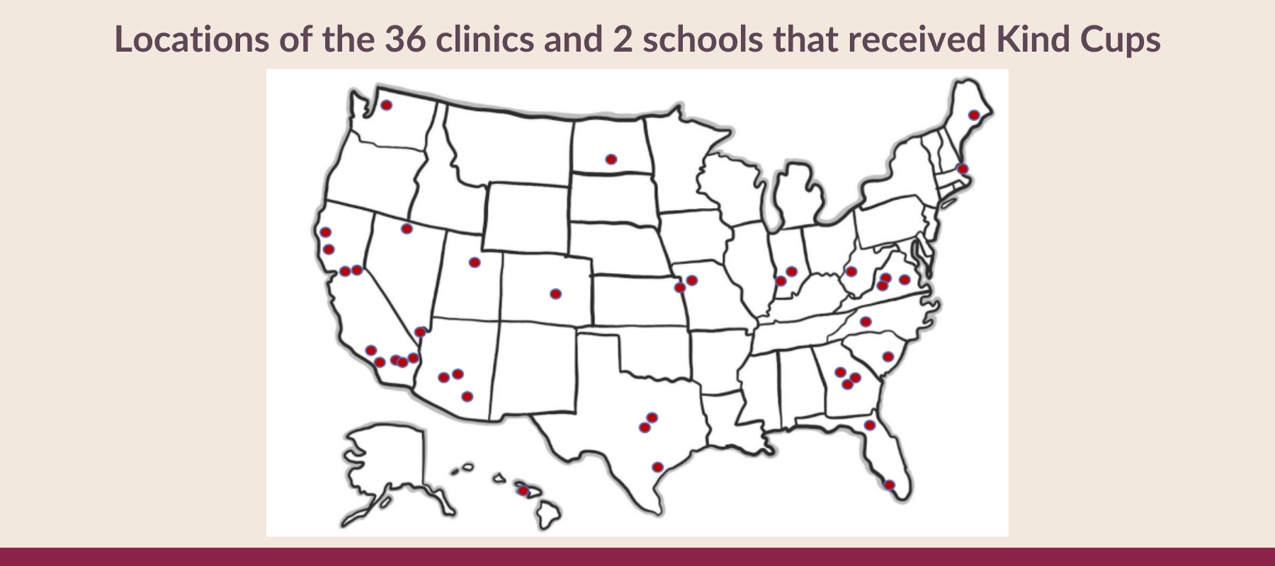 Locations of the 36 health clinics and 2 schools that received Kind Cup  menstrual cup donations. Map of United States shows red dots all over the states.