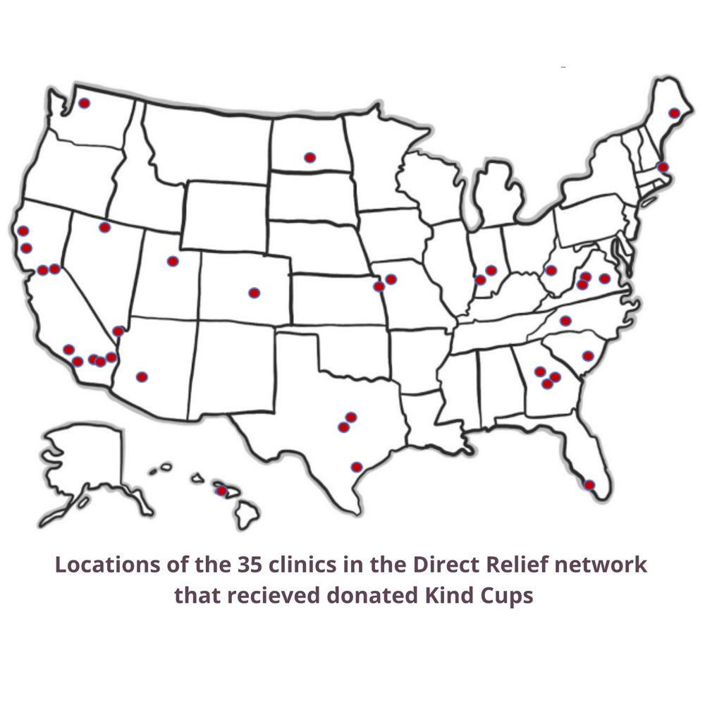 Us map with locations of the 35 clinics marked in the direct relief network that received donated Kind Cups